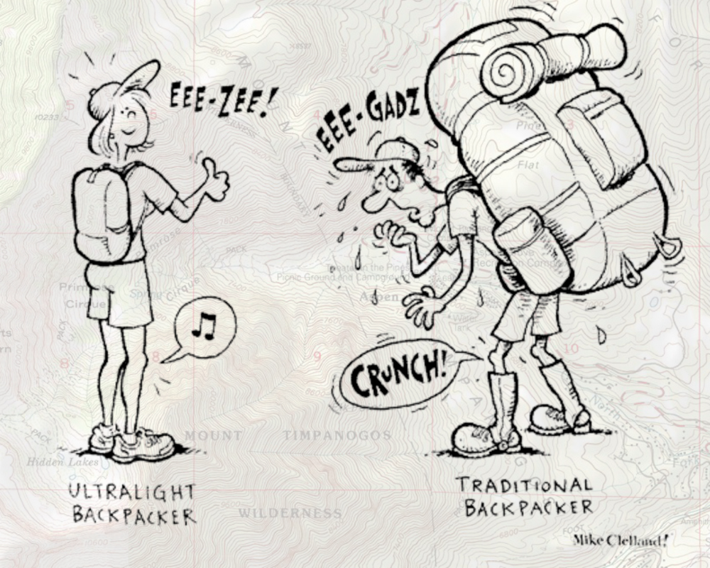 a comic depicting an ultralight backpackers versus a traditional backpacker