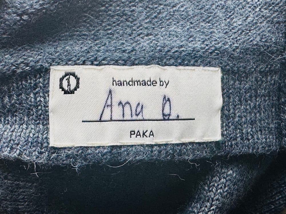 The label inside each PAKA Original Crew showing who made it by hand.