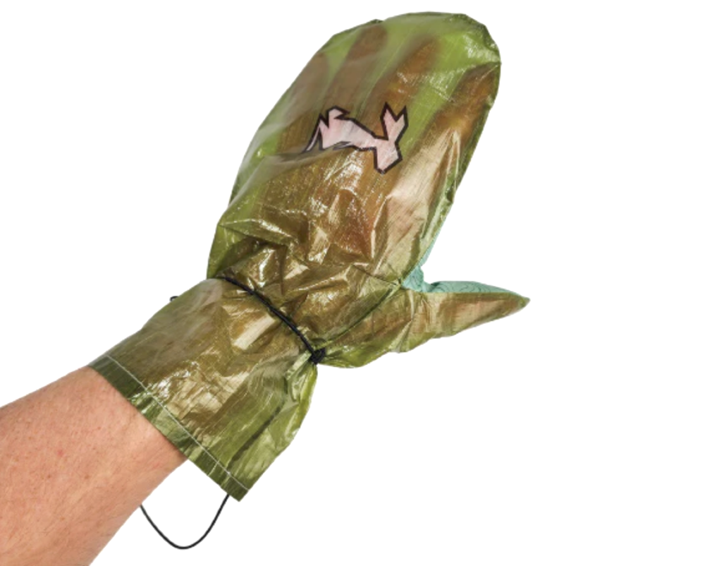 ultralight rain mitts on a backpacker who is neurodivergent