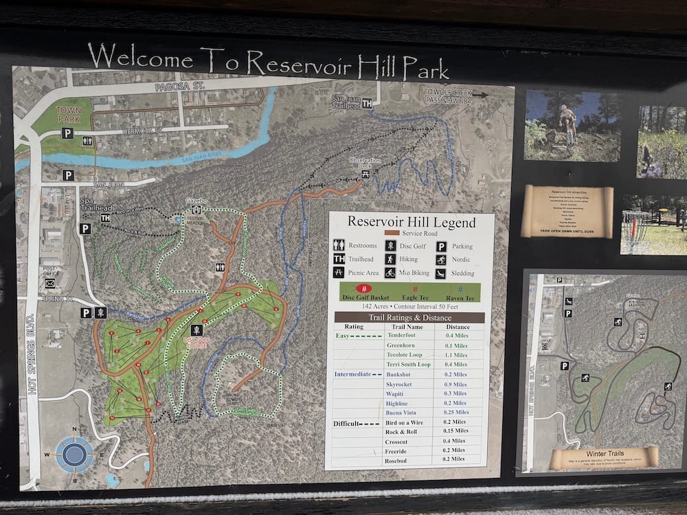 The trailhead sign at Reservoir Hill Trail System in Pagosa Springs, Colorado