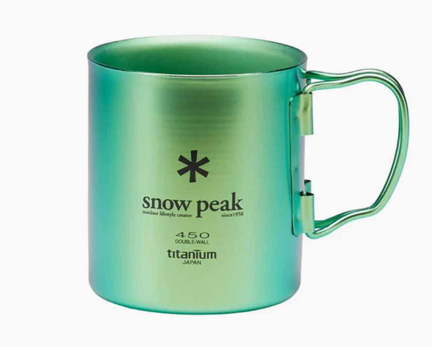 beautiful colored titanium snow peak mug for backpacking