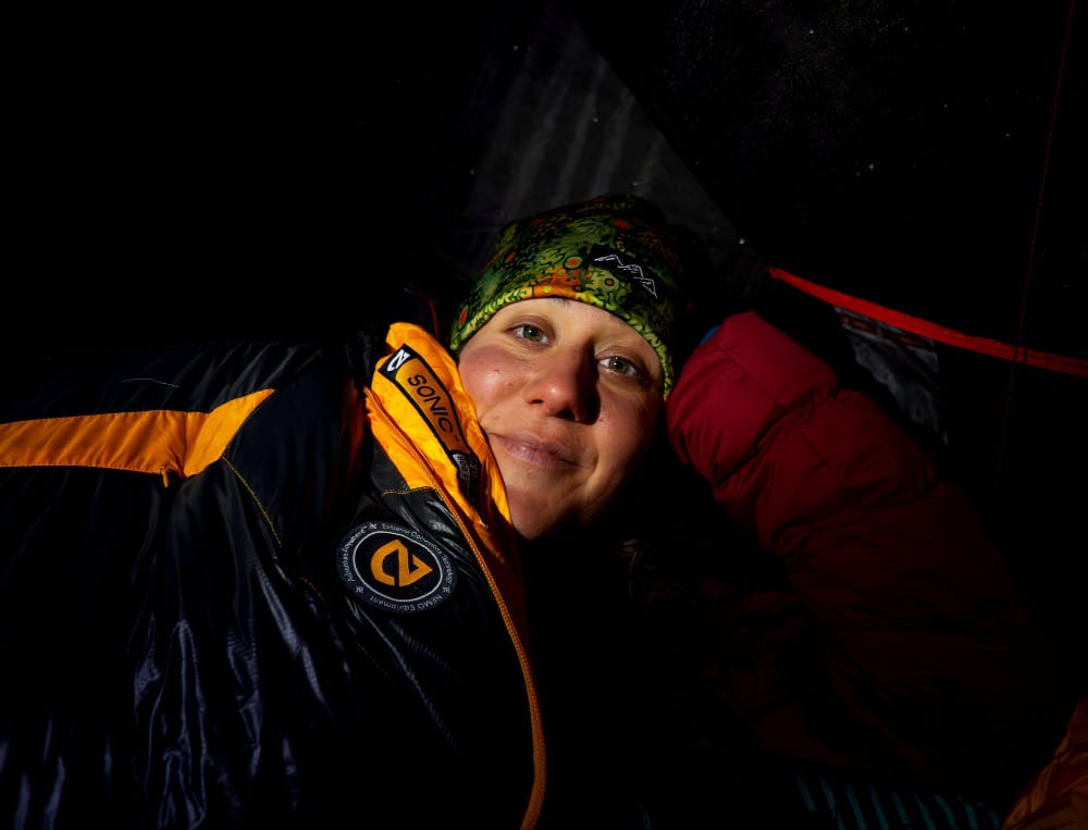 a cold weather backpacker cozy in the Nemo Equipment Sonic -20° Down Ultralight Mummy Sleeping Bag