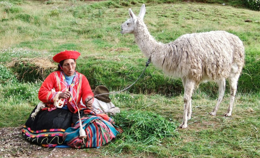 a woman from peru sits with her alpaca she has a relationship with to get ethical wool for paka sweaters and gear