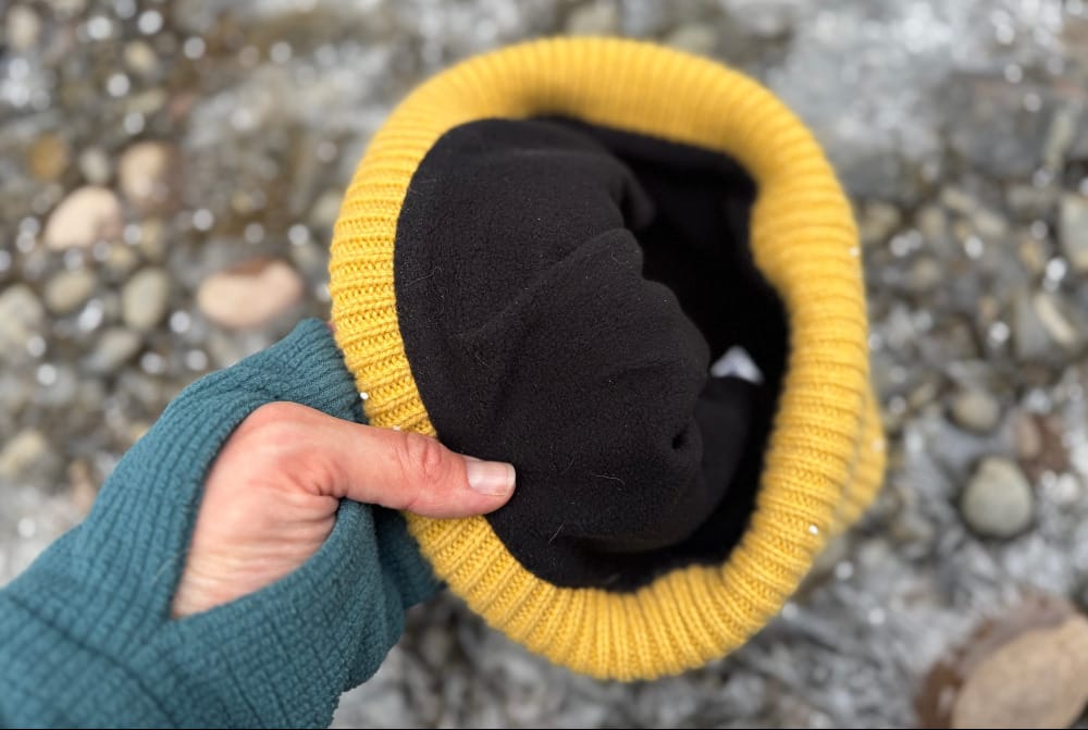 the inside of turtle fur's whitman beanie is fleece lined for extra warmth pictured here