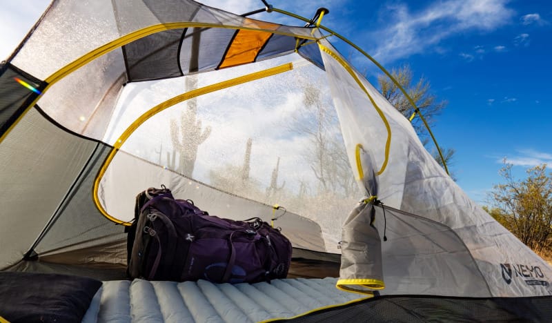 the inside of the Hornet OSMO Ultralight Backpacking Tent By NEMO Equipment in the desert on a backpacking trip