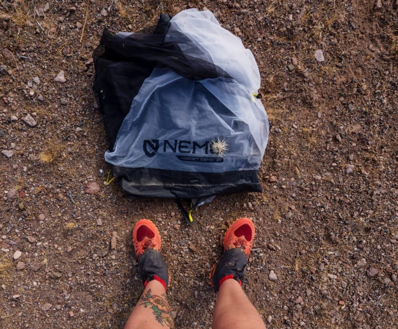 a backpacker looks at her Hornet OSMO Ultralight Backpacking Tent By NEMO Equipment with a cholla stuck to it