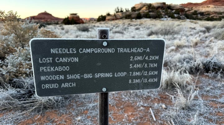 The sign at the trailhead for salt flat and big spring canyon loop in canyonlands national park in south east utah